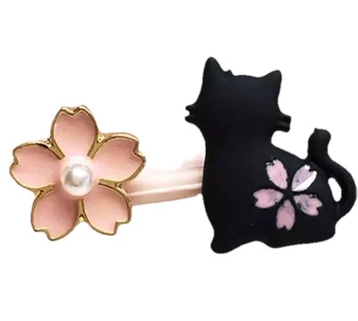 Black Enamel Pearl Pink Flower- Black Kitty Cat Earrings NWOT - Image 1 of 4
