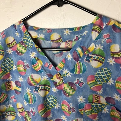 Handmade Easter Egg Scrub Top Size Small/Medium Short Sleeve Glitter Butterfly - Image 1 of 4