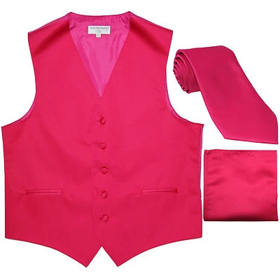 New Men's Hot pink formal vest Tuxedo Waistcoat_necktie & hankie set wedding  - Image 1 of 4
