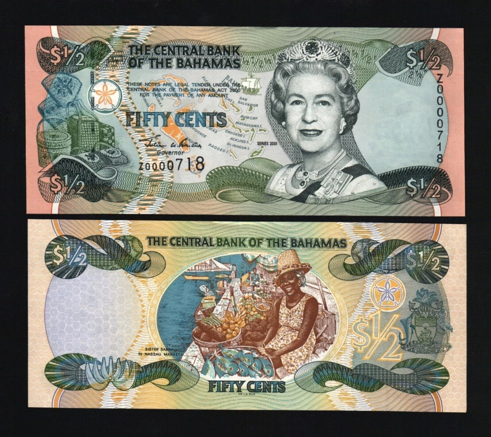 BAHAMAS 1/2 Dollar (50 Cents) P-68 2001 "Replacement" Z Queen Elizabeth UNC NOTE - Image 1 of 3