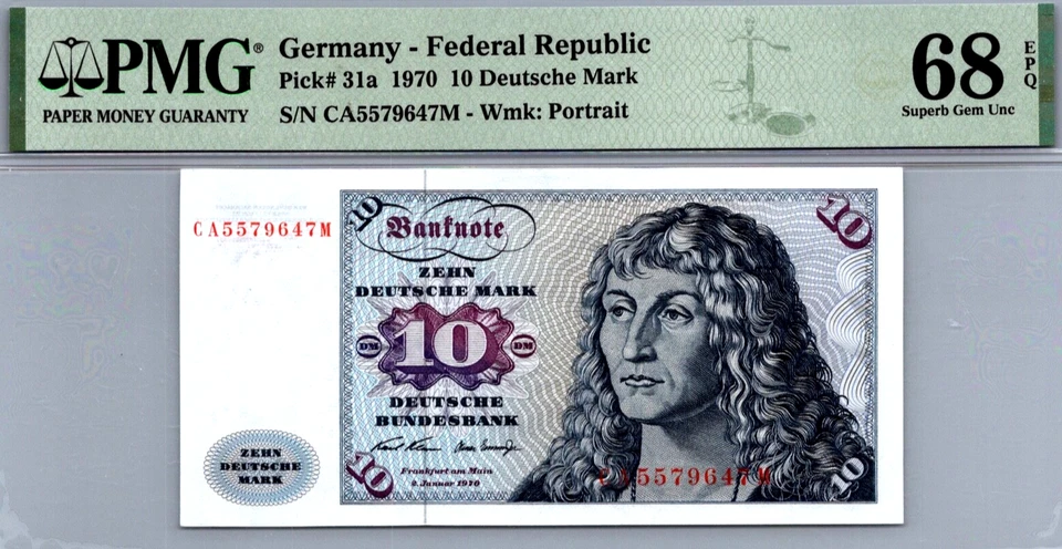 Germany 10 Mark 1970 PMG 68 EPQ SUPERB GEM UNC Pick # 31a - Image 1 of 3
