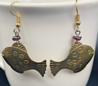 Vintage Dangle Brass & Amethyst Stone Handmade Fish Dangle Pierced Earrings