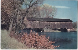 Vintage New England überdachte Brücke Chrom Postkarte malerische Herbstansicht - Bild 1 von 2
