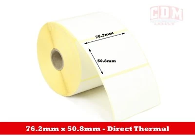 76.2mm x 50.8mm Direct Thermal Labels 1,000 per roll for Zebra type printer
