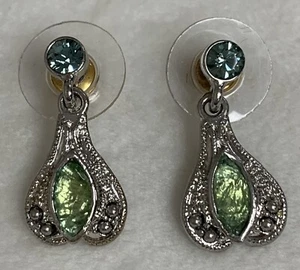 Clara Beau Earrings Rhinestone Green Blue Pierced Hinged Dangle - Picture 1 of 5