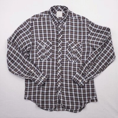 Camisa Billy Reid Para Hombres Mediana Marrón Azul Tartán Cuadros Lino Abotonada Corte Estándar Foto 1 de 4