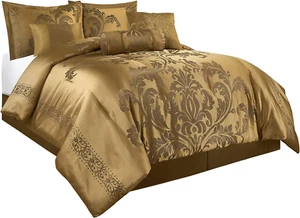 7-Piece Jacquard Floral Comforter Set (California King, Gold) - Picture 1 of 12
