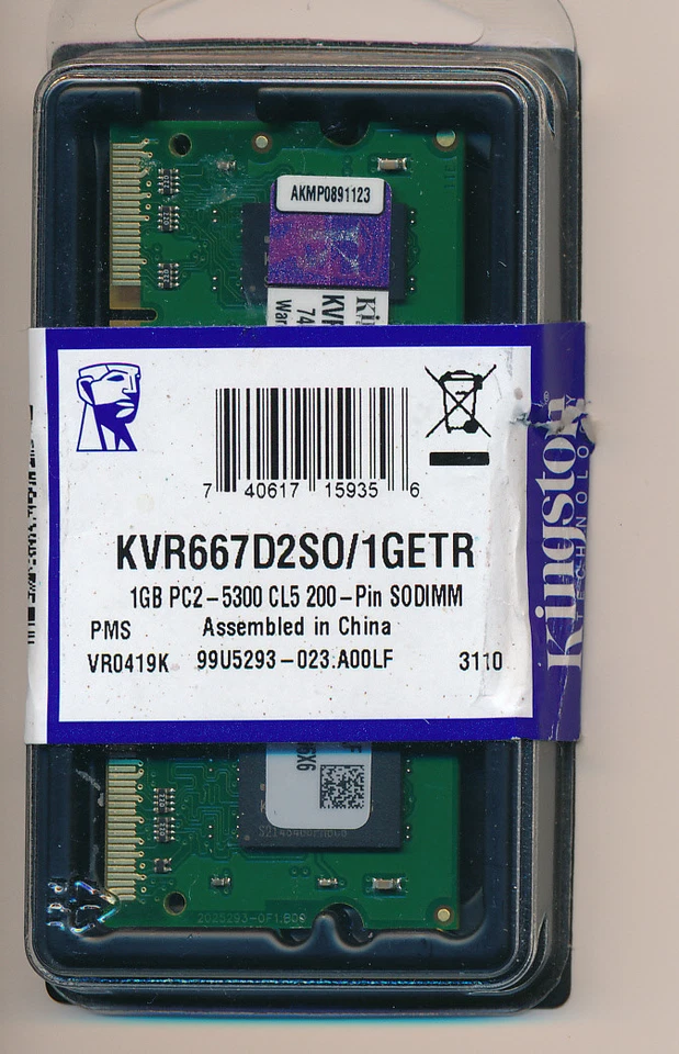 Kingston 1GB PC2-5300 DDR2-667MHz non-ECC Unbuffered Laptop RAM- KVR66D2S0/1GETR - Image 1 of 1