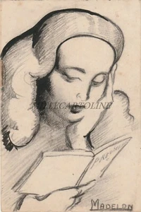 MADELON - Original Pencing Drawing - Woman, Prayer book 1940 - Picture 1 of 2