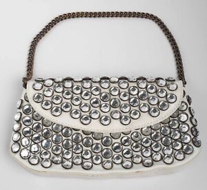 BETSEY JOHNSON Purse Clutch White Patent Leather Rhinestone Bling Chain Strap