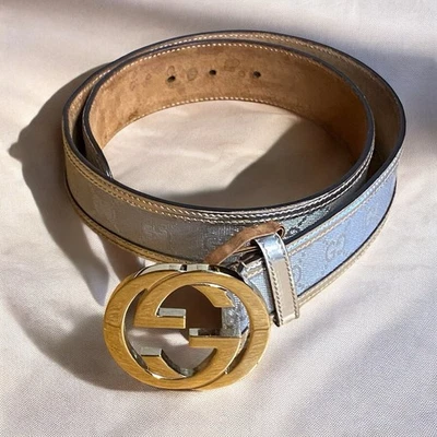 GUCCI Silver Monogram Leather Interlocking GG Buckle Belt 36in/91cm USED - image 1 of 4