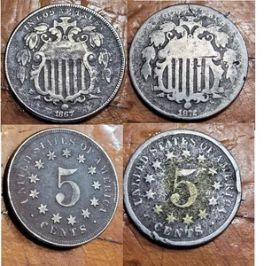 1867 Shield Nickel W/O Rays * 1872 Shield Nickel * Glue * Lot of 2 - Picture 1 of 10