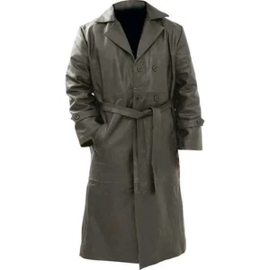 New Men's Gray Full Length Leather Coat Double Breasted Trench Long Overcoat - Picture 1 of 6