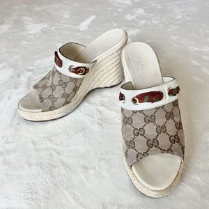 GUCCI GG Logo Espadrilles Sandals Mules Slip on size 36 Beige White Wedge Sole - Picture 1 of 24