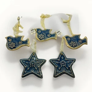 Vintage White And Blue Ceramic Ornaments - Cottage Core Birds And Stars - K - Picture 1 of 11
