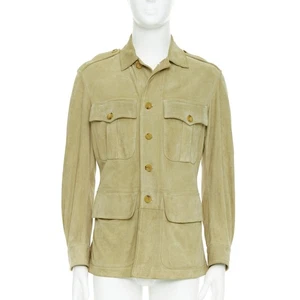 GUCCI Tom Ford Vintage khaki suede leather horn button safari jacket IT46 S - Picture 1 of 11