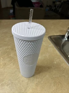 NWT Starbucks Tumbler White Matte Diamond Studded 24oz Straw Cold Coffer Cup - Picture 1 of 8