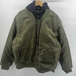 Forever 21 Mens Olive Green Bomber Jacket Size L – Quilted Lining Hoodie - Picture 1 of 17