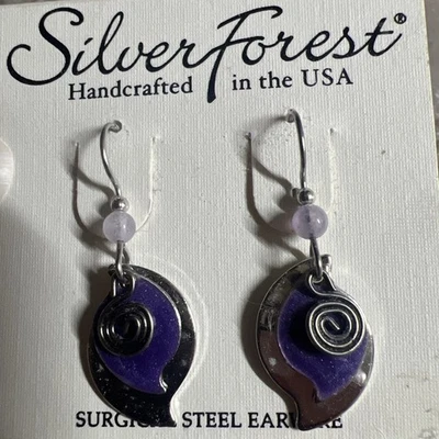 Silver Forest USA Earrings Teardrop Silver Tone purple Beads Dangle - Image 1 of 4