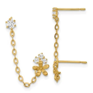 14K Yellow Gold Cubic Zirconia Double w/Chain Flower Drop Single Earring 0.52gm - Picture 1 of 5