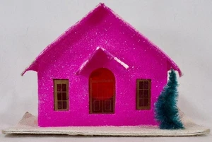 Christmas Putz House Hot Pink White Roof Glitter Bottle Brush Tree Japan #39 - Picture 1 of 7