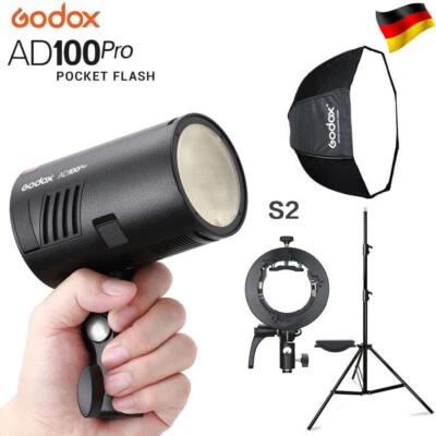 DE Godox AD100Pro 2.4G TTL HSS Blitz mit Akku+S2 Halter+Stativ+120CM Softbox - Bild 1 von 4