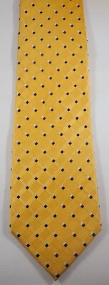 JOS A BANK YELLOW w/ BLUE & WHITE GEOMETRIC WOVEN 100% SILK NECK TIE - Image 1 of 4