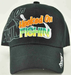 NEW! HOOKED ON FISHIN FISHING CAP HAT BLACK - Picture 1 of 4