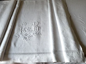 N25 Ancien drap en lin brodé monogramme CB & jour 208x318cm 1900 Old linen sheet - Imagen 1 de 15
