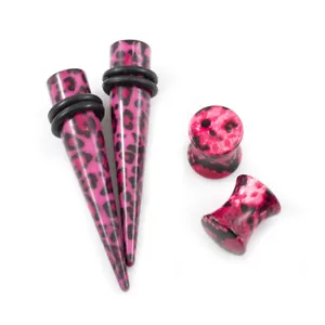 Pair of Pink & Black Leopard Print Tapers ( 8g to 5/8 ) w/ O- Rings and Ear Plug - Picture 1 of 12
