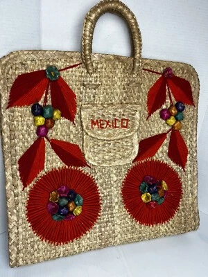 Mexico Fidepal Tote Woven Straw Wicker Large Beach Bag Raffia Floral Vintage Foto 1 de 4