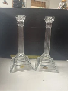 VINTAGE PAIR OF LEAD CRYSTAL DEPLOMB TAPER CANDLE HOLDERS WITH STICKERS 8" U.S.A - Picture 1 of 4
