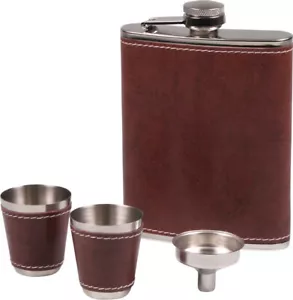Flask Set Metal Leather Look Brown / 2 Cups / Funnel / 7 oz (207.02 ml) - Picture 1 of 2