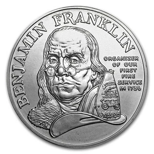 1992 Ben Franklin Firefighters 1oz .999 Silver Medal Commemorative - US MINT (G) - Picture 1 of 3