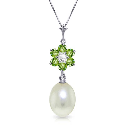 4.53 CTW 14K Solid White gold fine Necklace 20" genuine pearl Peridot Diamond - Image 1 of 4