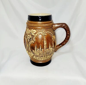 GERMAN MADE BEER STEIN of Vienna Staatsoper, Cathedral, & Rathaus brown & navy - Picture 1 of 11