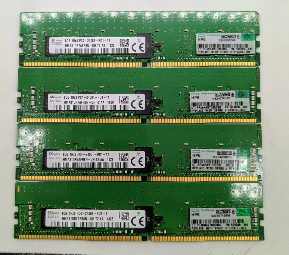 Lote de 4 memorias 819410-001 HPE 8GB PC4-19200 DDR4-2400MHz ECC 1Rx8 Foto 1 de 1