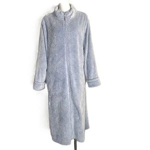 Stan Herman Morgenmantel Damen XL Chenille Plüsch Liege hellblau durchgehender Reißverschluss Taschen - Bild 1 von 19
