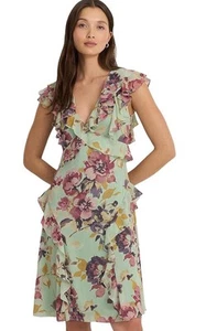 Lauren Ralph Lauren Floral Ruffle Trim Georgette Dress Lined A Line Size 4 NWT - Picture 1 of 10