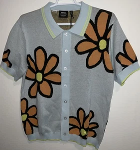 WESC 100% COTTON KNIT COLLARED BUTTON FRONT S/S TEAL FLORAL CARDIGAN MENS M NWT - Picture 1 of 13