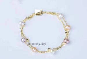 Beautiful 7.5-8" AAA real Akoya white pink purple pearl Bracelet 14K Gold - Picture 1 of 4