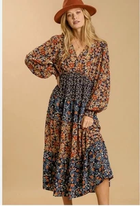 Abito midi Umgee scollo a V a strati stampa floreale taglia S prateria cottage boho chic - Foto 1 di 8