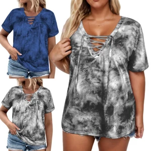 Plus Size Womens Tie Dye V Neck Tees Summer Tops Casual Lace Up Front T Shirts - Picture 1 of 15
