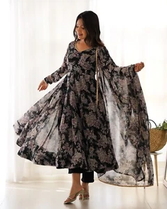 Black Anarkali gown Floral georgette gown Partywear indian gown Readymade dress - Picture 1 of 11