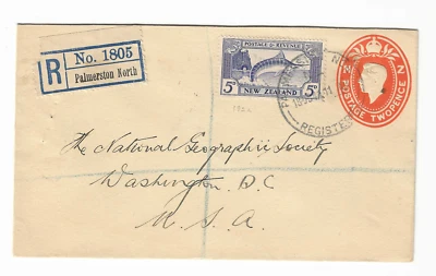 New Zealand 5p violet blue Striped Marlin on 1941 registered uprated cover to US - Image 1 of 2