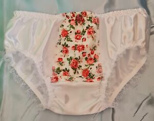 CD ADULT BABY SISSY WHITE SATIN WITH FLORAL PANEL KNICKERS 