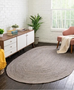 Rug Jute Oval Natural Farmhouse scalloped grey Jute Rug Braided Modern Carpet - Picture 1 of 6