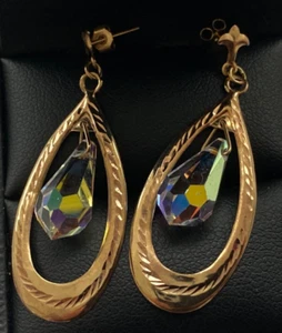 LARGE VINTAGE 9ct Gold Spinning Faceted Disco Crystal Dangle HOOP Earrings - Picture 1 of 7
