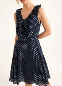 BNWT REVIEW Navy & Ivory Spotty Flattering Belted Sundress S12 RRP249.95 - Picture 1 of 10