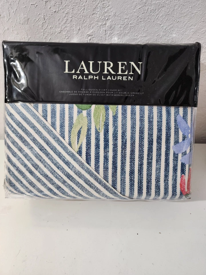 Ralph Lauren Maggie Floral Stripe F/queen Duvet Cover 3pc Set Indigo Multi